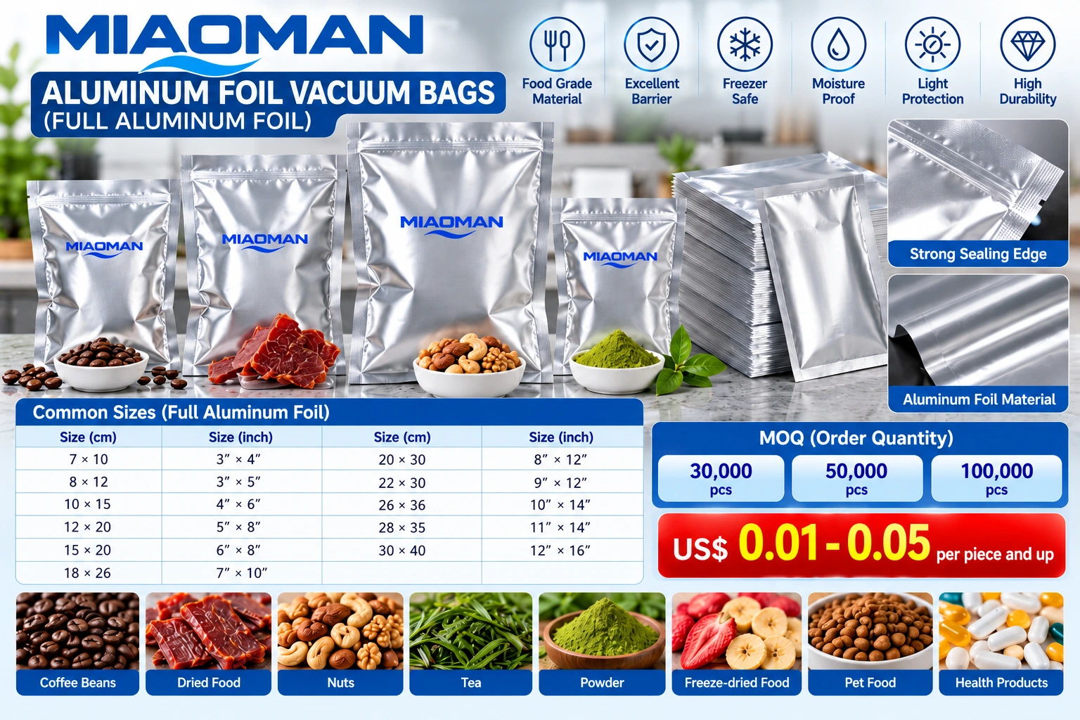Aluminium foil vacuum bags — quotation and sizes